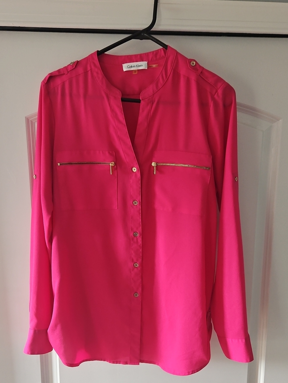 Calvin Klein Hot Pink Button-Up Blouse with Gold Zips